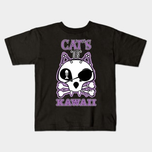 Funny Cats are Kawaii Pirate Cat, Skull and Cross Bones, Halloween Kids T-Shirt